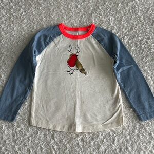 Mini Boden girls size 5-6 blue raglan sleeve knit shirt reindeer bird Christmas